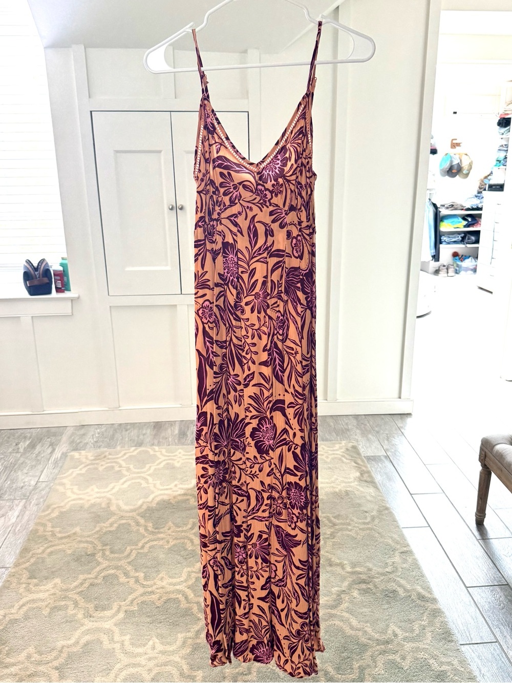 Patrons of Peace Peach Maxi Dress with Plum Floral Print